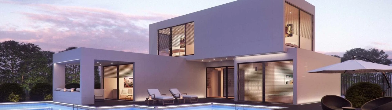 homepage-banner.jpg Moderný dom s bielou faádou podvečer